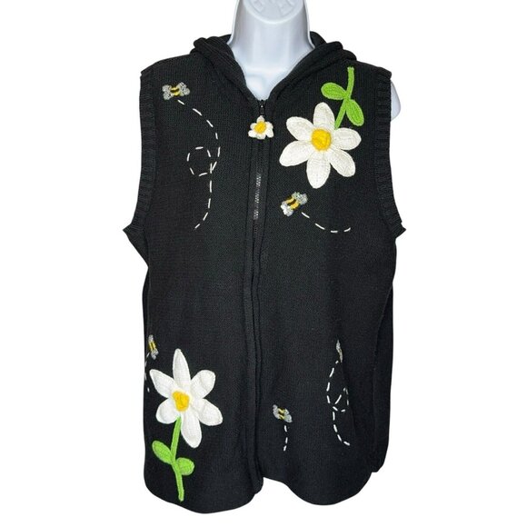 Quacker Factory Sweater Vest Daisy Bees Hooded Zip Up Embellished Embroidered Lg - Picture 1 of 11